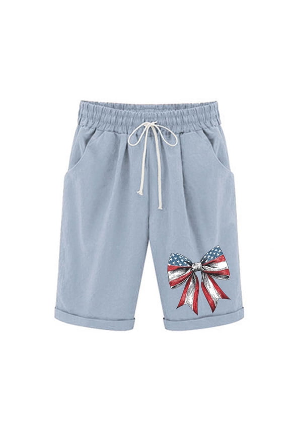 Womens Bermuda Shorts Independence Day USA Printed Shorts High Elastic Waisted Drawstring Shorts Casual Knee Length Long Shorts Summer Lounge Shorts for Women