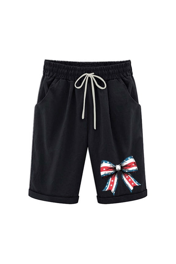 Womens Bermuda Shorts Independence Day USA Printed Shorts High Elastic Waisted Drawstring Shorts Casual Knee Length Long Shorts Summer Lounge Shorts for Women