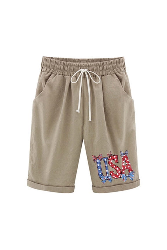 Womens Bermuda Shorts Independence Day USA Printed Shorts High Elastic Waisted Drawstring Shorts Casual Knee Length Long Shorts Summer Lounge Shorts for Women