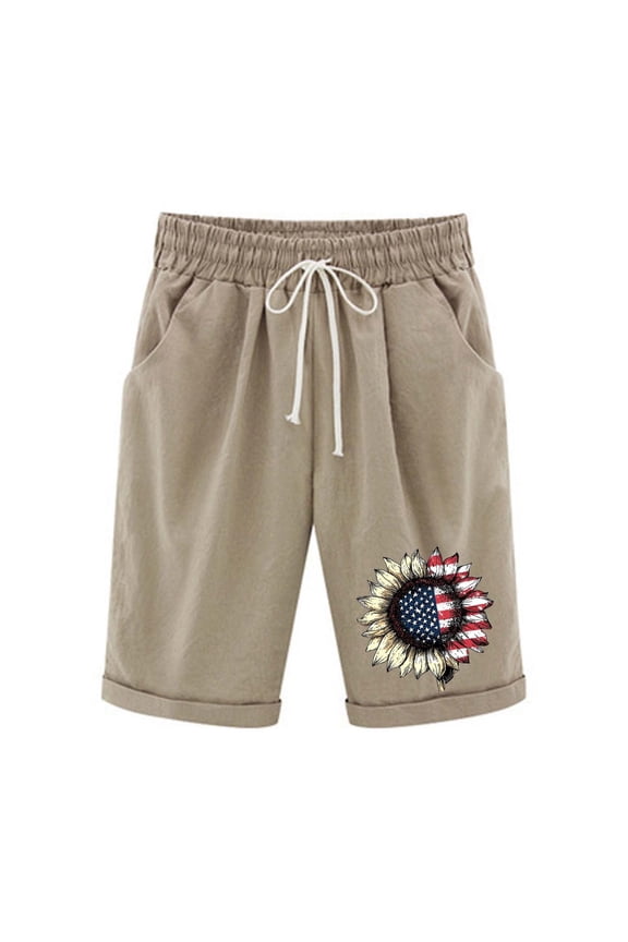 Womens Bermuda Shorts Independence Day USA Printed Shorts High Elastic Waisted Drawstring Shorts Casual Knee Length Long Shorts Summer Lounge Shorts for Women