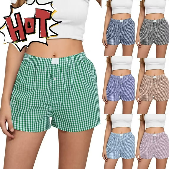 Taqqpue Womens Boxer Shorts Casual Cotton Lounge Sleep Plaid Gingham Shorts Summer Elastic Waist Pajama Y2K Beach Buttoms
