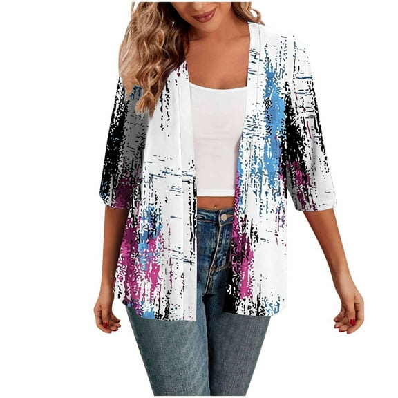 Taqqpue Womens Cardigan Fall Printed 3/4 Sleeve Open Front Shirts Casual Flowy Lightweight Loose Plus Size Blouse Tops