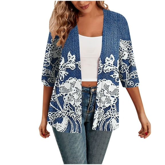 Taqqpue Womens Cardigan Fall Printed 3/4 Sleeve Open Front Shirts Casual Flowy Lightweight Loose Plus Size Blouse Tops