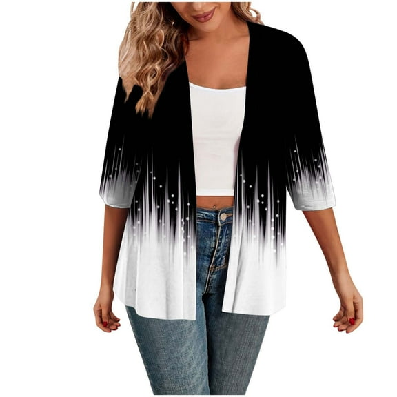 Taqqpue Womens Cardigan Fall Printed 3/4 Sleeve Open Front Shirts Casual Flowy Lightweight Loose Plus Size Blouse Tops