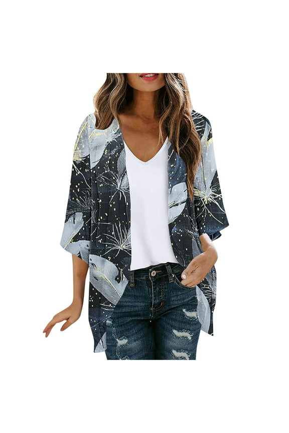 Womens Cardigan Floral Printed 3/4 Sleeves Open Front Blouse Shirts Summer Casual Lightweight Quick Dry Side Split Cover Ups
