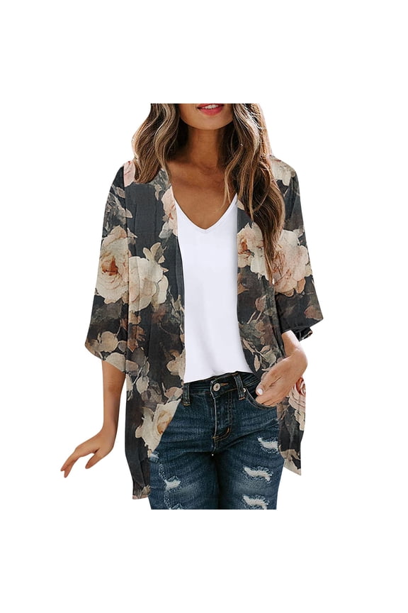 Womens Cardigan Floral Printed 3/4 Sleeves Open Front Blouse Shirts Summer Casual Lightweight Quick Dry Side Split Cover Ups