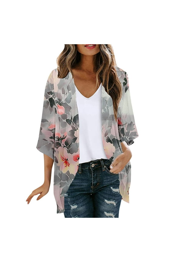 Womens Cardigan Floral Printed Short Sleeve Open Front Shirts Summer Casual Lightweight Quick Dry Side Split Cover Ups
