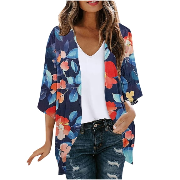 Taqqpue Womens Cardigan Floral Printed Short Sleeve Open Front Shirts Summer Casual Lightweight Quick Dry Side Split Cover Ups