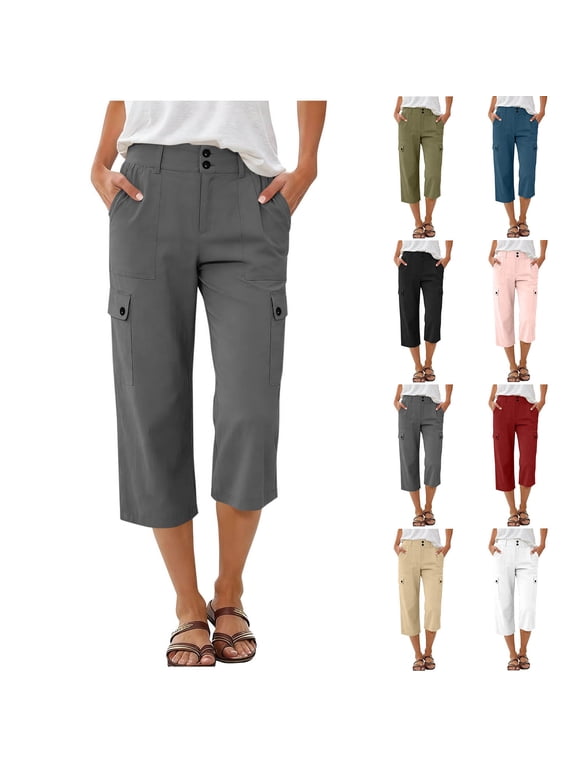 Womens Cargo Capris Lightweight Hiking Pants Pockets Quick Dry Casual Outdoor Trip Loose Shorts Cropped Cotton Straight Wide Leg Trouser Pants for Women