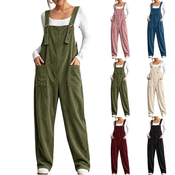 Taqqpue Womens Casual Corduroy Overalls Wide Leg Sleeveless Loose Plus Size Pants Jumpsuits Oversize Baggy Pants with Pockets for Women