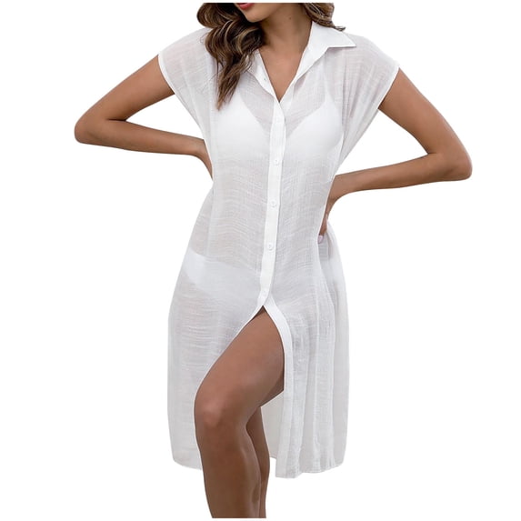 Taqqpue Womens Casual Short Sleeve Side Split Button Down Long Kimonos Cardigans Solid Color Swimsuit Cover Ups Casual Plus Size Flowy Summer Beach Dress