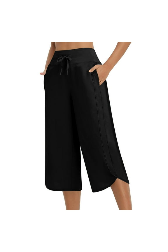 Womens Casual Wide Leg Yoga Capris High Waist Drawstring Capri Pants Loose Soft Lounge Pockets Sweatpants