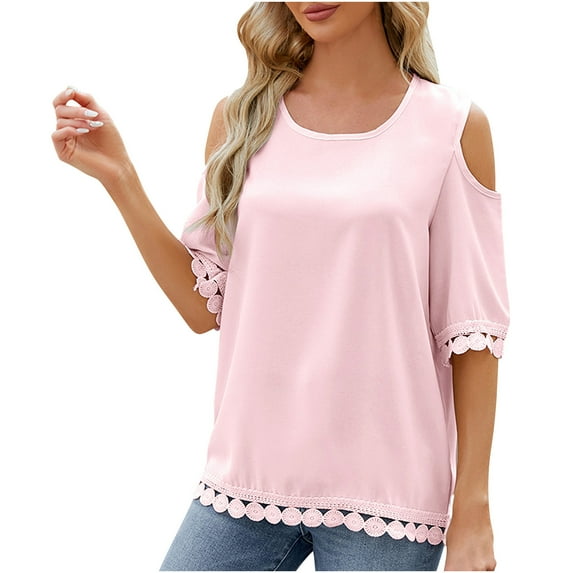 Taqqpue Womens Cold Shoulder Tops Short Sleeve Lace Hem T Shirts for Women Casual Solid Color Round Neck Tunic Tops Blouses Plus Size Summer Tops