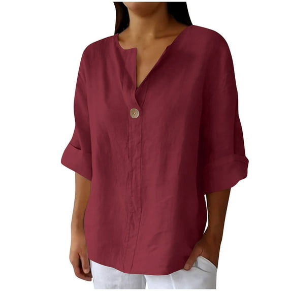 Taqqpue Womens Cotton Linen Shirts 3/4 Length Sleeve Button V-Neck Blouse Tops Loose Fit Casual Solid Color Plus Size Tees
