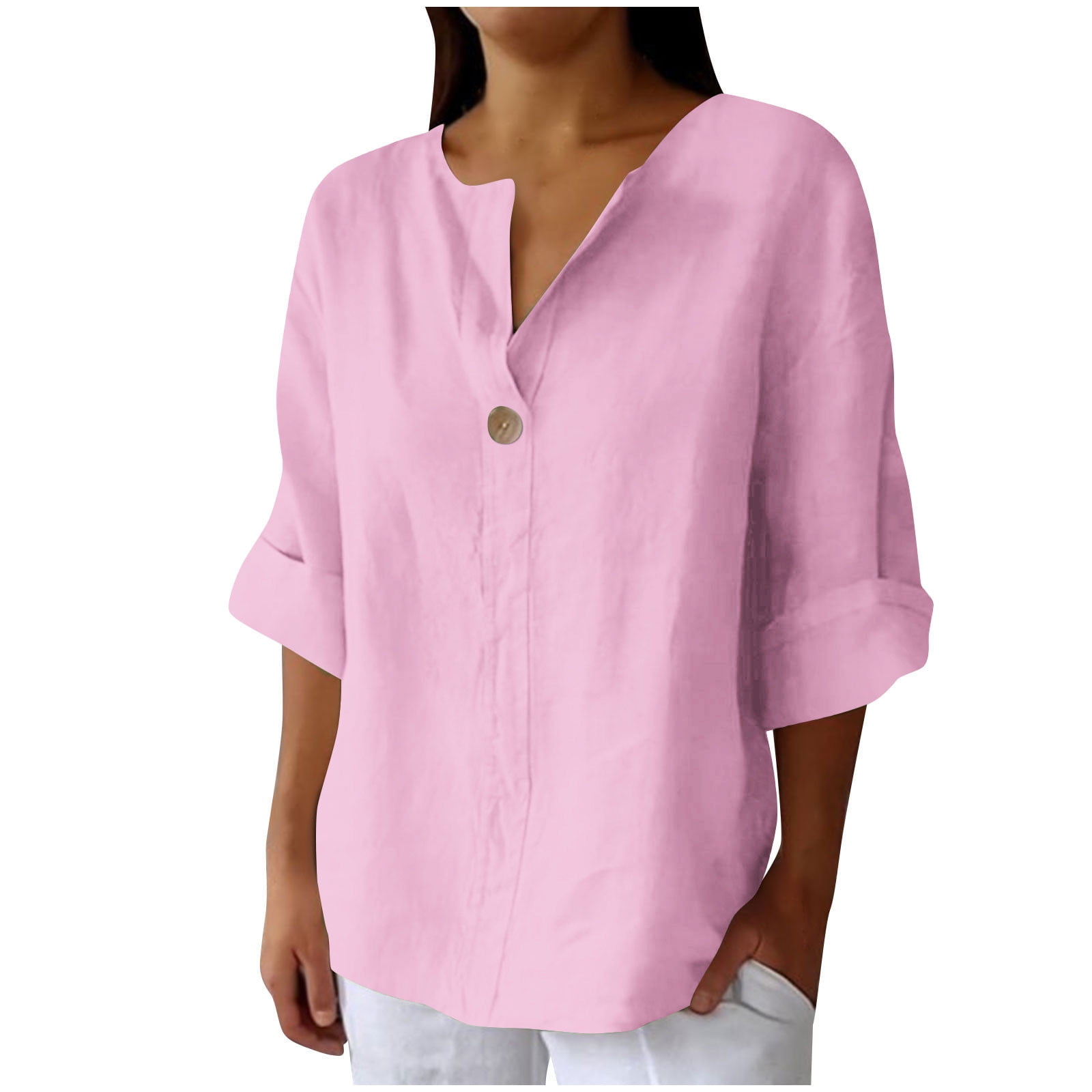 Womens Cotton Linen Shirts 3/4 Length Sleeve Button V-Neck Blouse Tops Loose Fit Casual Solid Color Plus Size Tees