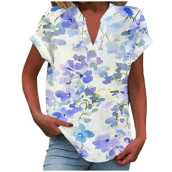 Taqqpue Womens Cotton Linen Shirts Short Sleeve V-Neck Button Blouse Tops Floral Print Loose Fit Casual Plus Size Tees