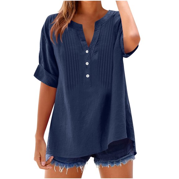 Taqqpue Womens Cotton Linen Shirts Solid Color Short Sleeve Button V-Neck Blouse Tops Summer Basic Half Sleeve T Shirts Loose Fit Casual Plus Size Tees with Pockets