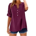thumbnail image 1 of Taqqpue Womens Cotton Linen Shirts Solid Color Short Sleeve Button V-Neck Blouse Tops Summer Basic Half Sleeve T Shirts Loose Fit Casual Plus Size Tees with Pockets, 1 of 8