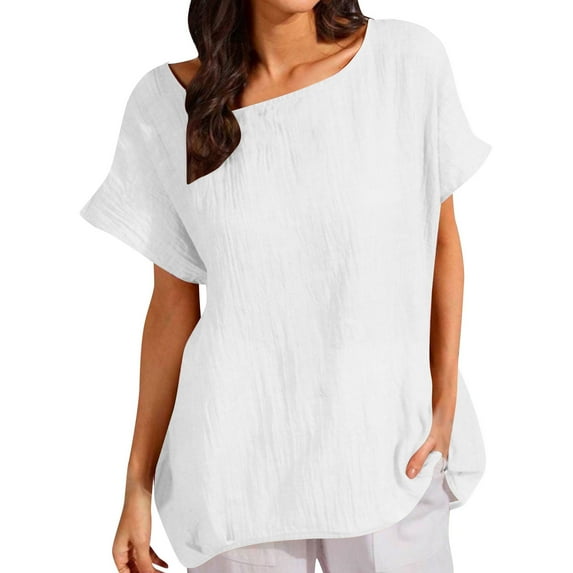 Taqqpue Womens Cotton Linen Shirts Solid Color Short Sleeve Crew Neck Blouse Tops Loose Fit Casual Plus Size Tees