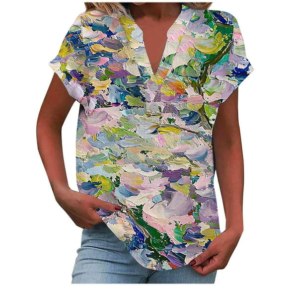 Taqqpue Womens Cotton Linen Shirts V-Neck Button Short Sleeve Blouse Tops Floral Print Loose Fit Casual Plus Size Tees