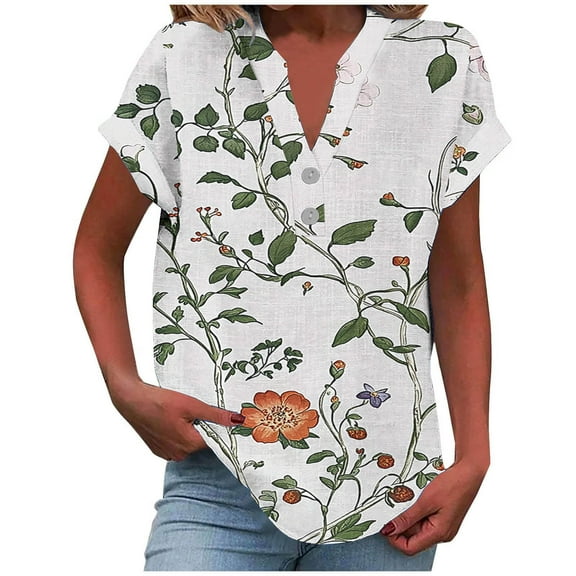 Taqqpue Womens Cotton Linen Shirts V-Neck Button Short Sleeve Blouse Tops Floral Print Loose Fit Casual Plus Size Tees