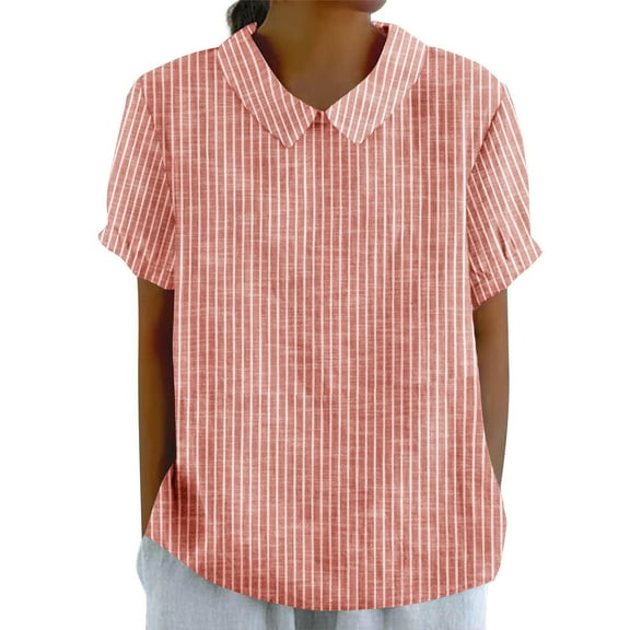 Taqqpue Womens Cotton Linen Short Sleeve Shirts Solid Color Cute Peter Pan Collar T Shirt Casual Loose Trendy Plus Size Blouse Tops Summer Pullover