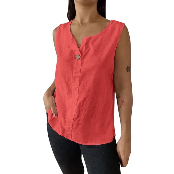 Taqqpue Womens Cotton Linen Tank Tops Solid Color V Neck Button Sleeveless Shirts Loose Fit Basic Casual Summer Blouse Tops