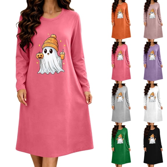 Taqqpue Womens Cotton Sleep Dress Long Sleeves Crew Neck Halloween Skeleton Print Loose Knee Length Nightshirt Casual Oversized Lounge Pullover Nightgown for Women Plus Size