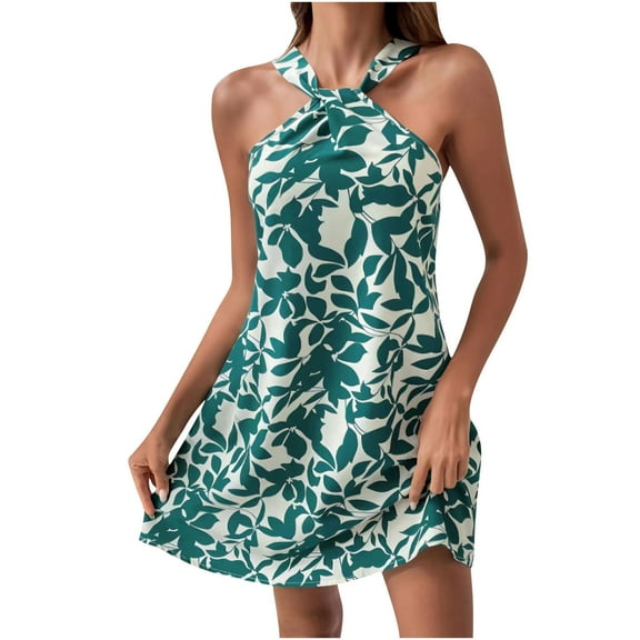 Taqqpue Womens Criss Cross Halter Neck Dress Sleeveless Backless Boho Mini Dresses Casual Loose A Line Cotton Linen Flowy Tropical Print Beach Sundress for Party
