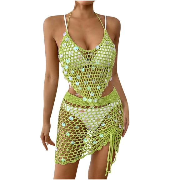 Taqqpue Womens Crochet Swim Cover Up 2 Piece Scoop Neck Spaghetti Strap Sleeveless Front Tie Crop Tops Beach Mini Skirt Coverup Set