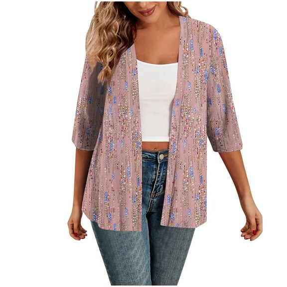 Taqqpue Womens Fall Cardigan Floral Printed Short Sleeve Open Front Shirts Casual Lightweight Loose Plus Size Blouse Tops