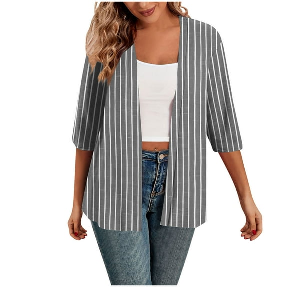 Taqqpue Womens Fall Cardigan Striped Printed Short Sleeve Open Front Shirts Casual Lightweight Loose Plus Size Blouse Tops