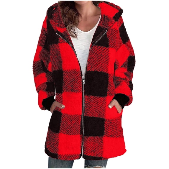 Taqqpue Womens Fleece Jacket Casual Plaid Zip Up Oversized Long Hoodie Winter Fall Fuzzy Warm Teddy Coat Jackets with Pockets for Women
