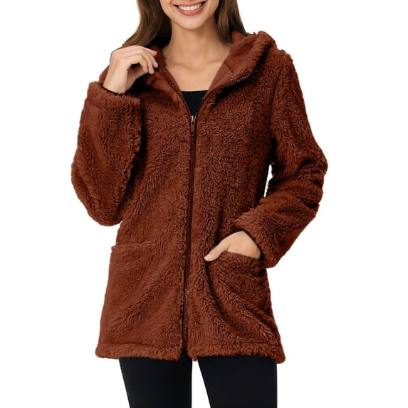 Taqqpue Womens Fleece Jacket Winter Warm Zipper Solid Color Long Sleeve Outerwear Tops Fall Loose Fit Plus Size Coats for Women with Pockets
