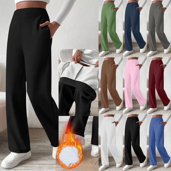 Taqqpue Womens Fleece Lined Sweatpants Wide Leg Winter Warm Thermal Straight Leg Baggy Lounge Sweat Pants Solid Color Elastic High Waist Long Trousers Pants with Pockets for Women