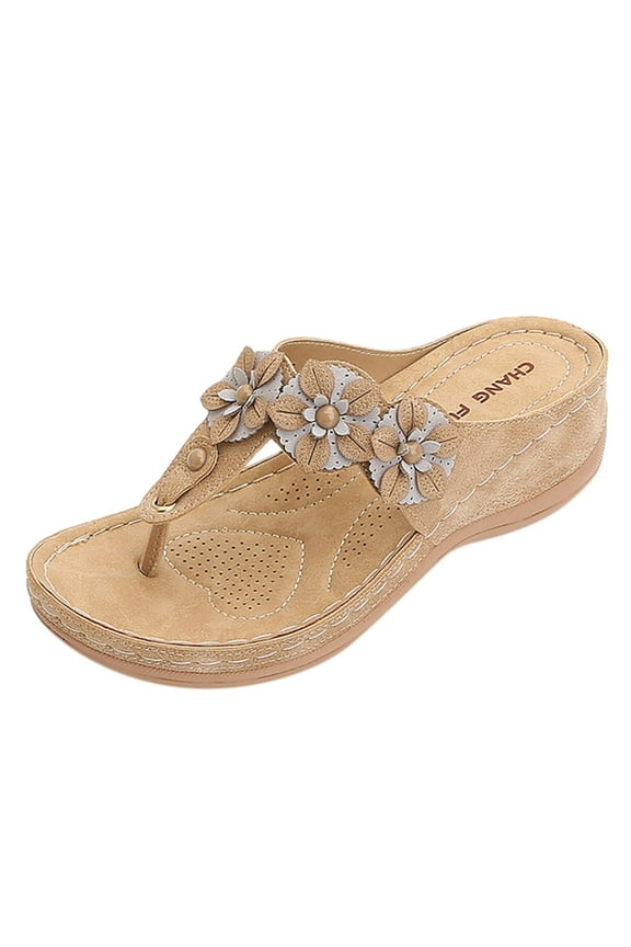 Womens Flower Sandals Flip Flops Dressy Clip Toe Wedge Sandals Flip Flops with Orthotic Arch Support Comfortable Anti-Slip Thong Sandal Bohemia Flip Flops Summer Outdoor Beach Walking Shoes