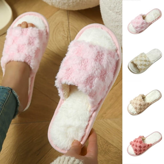 Taqqpue Womens Fuzzy Open-toe Slippers Soft Comfy Memory Foam Indoor House Shoes Winter Warm Home Slippers for Women