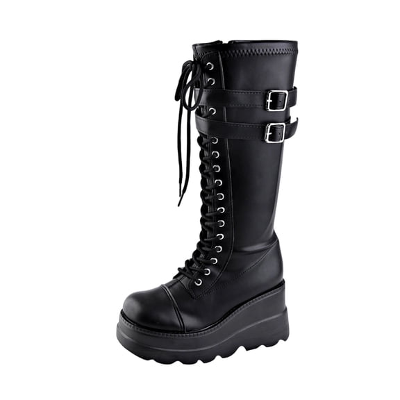 Taqqpue Womens Goth Boots Chunky Wedge Heel Boots Lace Up and Zipper Round Toe Mid Calf Boot for Concert Festival