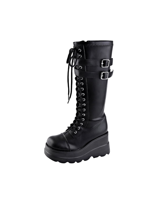 Womens Goth Boots Chunky Wedge Heel Boots Lace Up and Zipper Round Toe Mid Calf Boot for Concert Festival