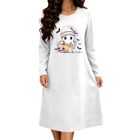 Taqqpue Womens Halloween Cotton Nightgown Long Sleeves Round Neck Sleepshirt Print Nightshirt Casual Plus Size Knee Length Sleep Dress Pullover Halloween Pumpkin Printed Sleep Shirt for Women