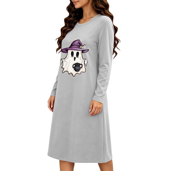 Taqqpue Womens Halloween Cotton Nightgown Long Sleeves Round Neck Sleepshirt Print Nightshirt Casual Plus Size Knee Length Sleep Dress Pullover Halloween Pumpkin Printed Sleep Shirt for Women