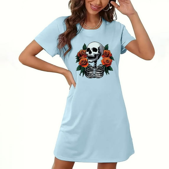 Taqqpue Womens Halloween Cotton Nightgown Short Sleeves Round Neck Sleepshirt Print Nightshirt Casual Sleep Dress Pullover with Chest