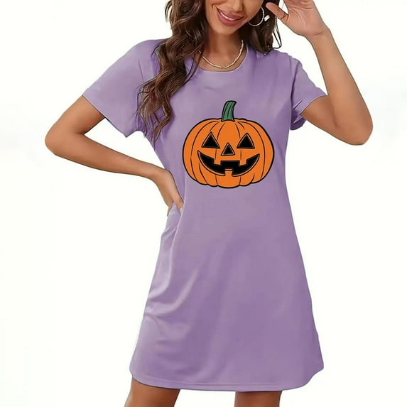 Taqqpue Womens Halloween Cotton Nightgown Solid Color Short Sleeves Round Neck Sleepshirt Print Nightshirt Casual Sleep Dress Pullover with Chest