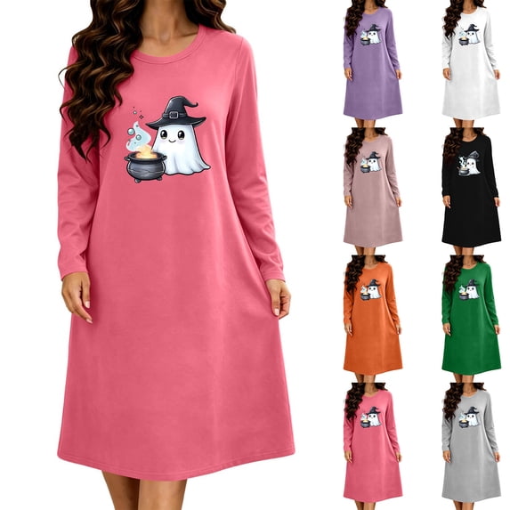 Taqqpue Womens Halloween Sleep Shirts Long Sleeve Crew Neck Cotton Nightgown Halloween Ghost Print Loose Fit Knee Length Casual Pullover Nightshirt Oversized Soft Sleepwear Dress for Women Plus Size