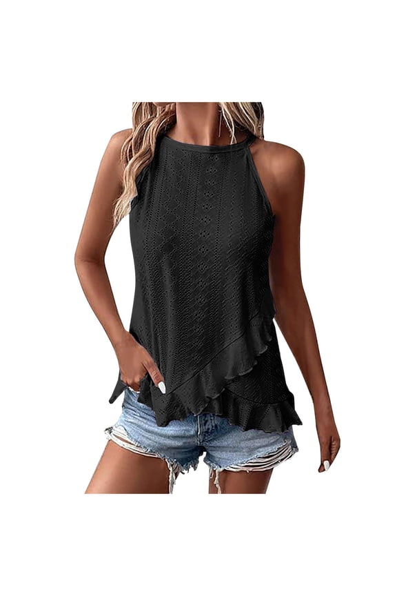 Womens Halter Tank Tops Summer Solid Color High Neck Double Layers Sleeveless Tops Casual Flowy Blouse Tops