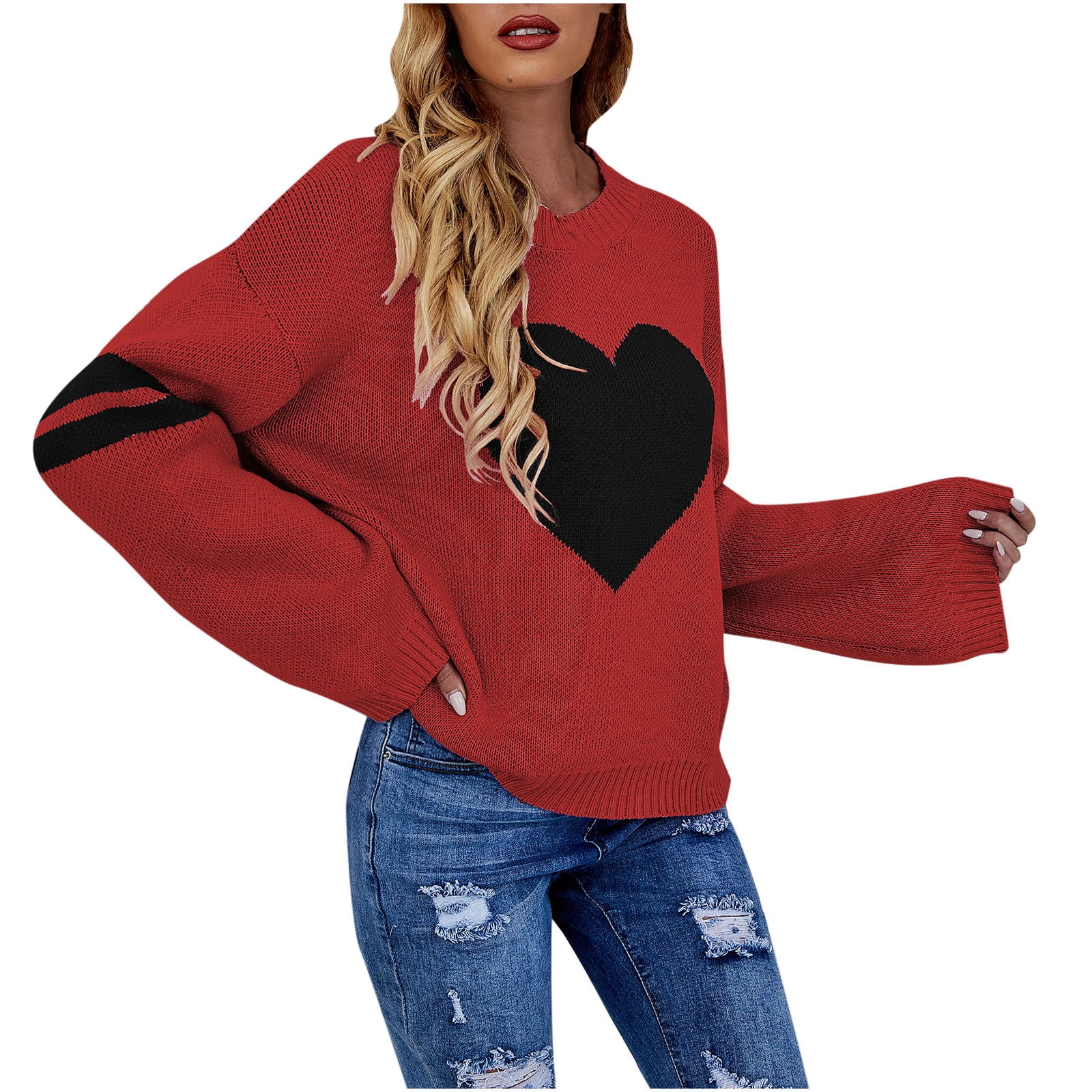Women's Cute Heart Knitted Sweaters Crewneck Long Sleeve 2023 Fall Fashion  Pullover Sweaters Trendy Cozy Tops