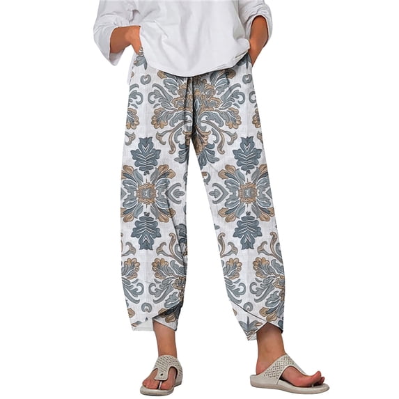 Taqqpue Womens Linen Pants Loose Floral Prirted Elastic High Waisted Wide Leg Pants Baggy Lounge Pant Comfy Soft Trousers Resort Wear Relaxed Fit Straight Leg Crop Trousers with Pockets