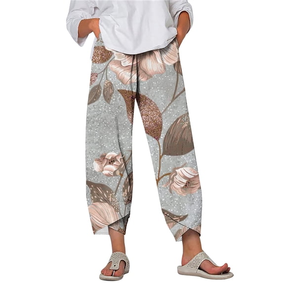 Taqqpue Womens Linen Pants Loose Floral Prirted Elastic High Waisted Wide Leg Pants Baggy Lounge Pant Comfy Soft Trousers Resort Wear Relaxed Fit Straight Leg Crop Trousers with Pockets