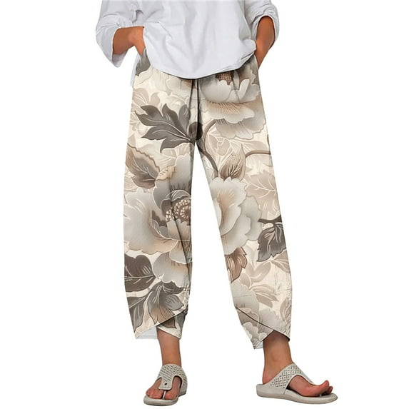 Taqqpue Womens Linen Pants Loose Floral Prirted Elastic High Waisted Wide Leg Pants Baggy Lounge Pant Comfy Soft Trousers Resort Wear Relaxed Fit Straight Leg Crop Trousers with Pockets