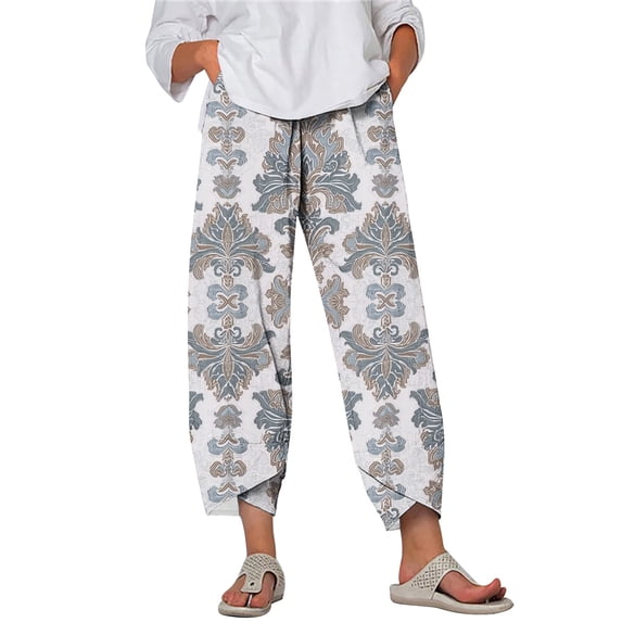 Taqqpue Womens Linen Pants Loose Floral Prirted Elastic High Waisted Wide Leg Pants Baggy Lounge Pant Comfy Soft Trousers Resort Wear Relaxed Fit Straight Leg Crop Trousers with Pockets